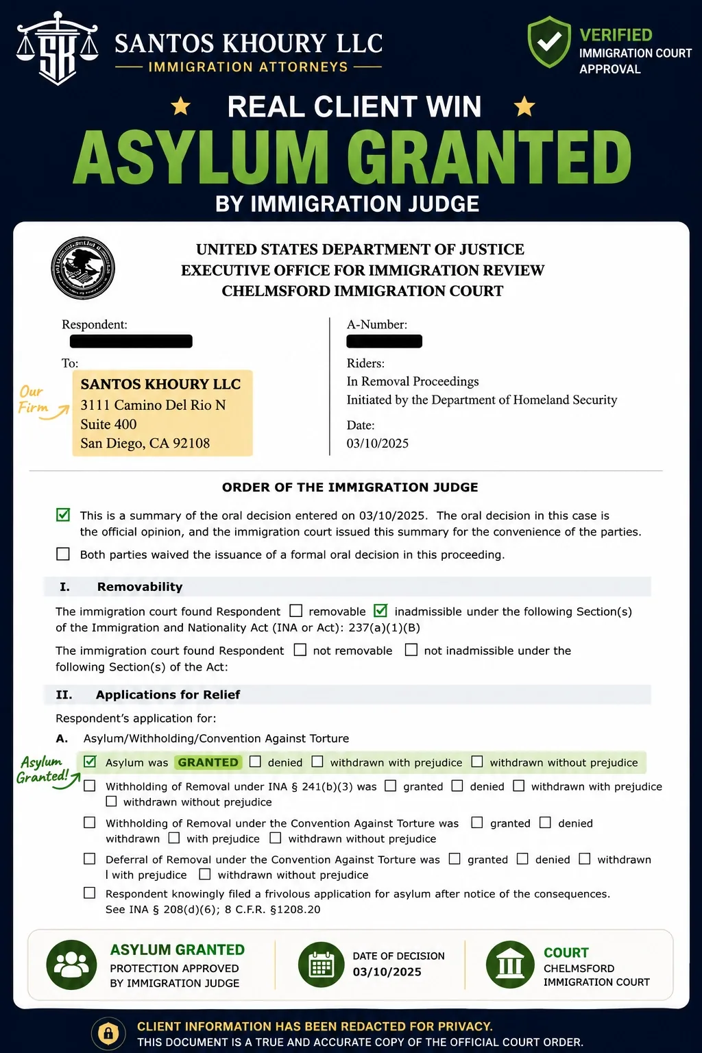 Asylum Granted by Immigration Judge, Chelmsford Immigration Court · March 10, 2025 (client information redacted)