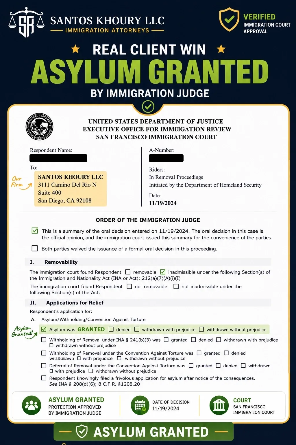 Asylum Granted by Immigration Judge, San Francisco Immigration Court · November 19, 2024 (client information redacted)