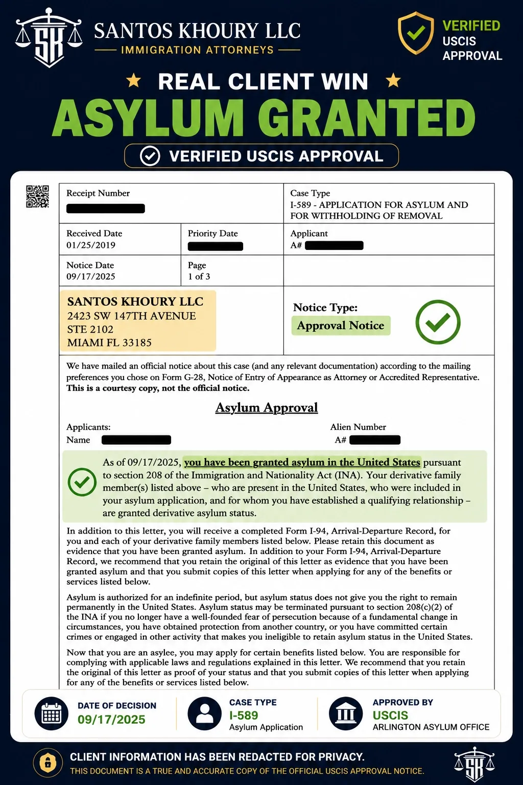Asylum Granted by USCIS, Arlington Asylum Office · Decision September 17, 2025 (client information redacted)